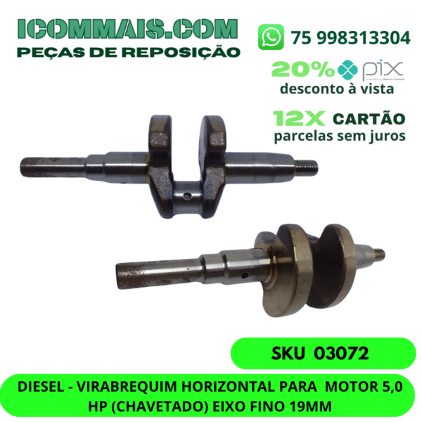 03072 - DIESEL - VIRABREQUIM HORIZONTAL PARA MOTOR 5,0 HP (CHAVETADO) EIXO FINO 19MM