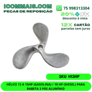 HÉLICE 13 A 15HP (GASOLINA) / 10 HP (DIESEL) PARA RABETA 3 PÁS ALUMÍNIO