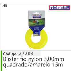 49 Código 27203 Blister fio nylon 3,00mm quadrado/amarelo 15m ROSSEL
