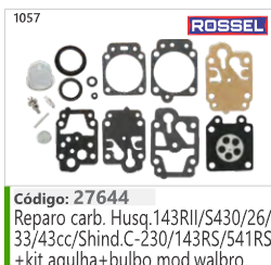 1057 Código 27644 Reparo carburador Husqvarna 143RII/S430/26/33/43cc/Shind.C-230/143RS/541RS kit agulha+bulbo mod walbro