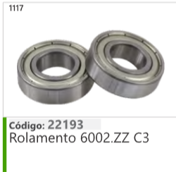 1117 Código 22193 Rolamento 6002.ZZ C3