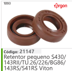 1093 Código 21147 Retêntor pequeno S430/ 143RII/TU.26/226/BG86/ 143RS/541RS Viton ARGON