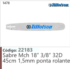 1478 Código 22183 Sabre Mch 18” 3/8" 32D [45cm 1,5mm ponta rolante TILLOTSON
