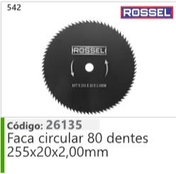 542 Código 26135 Faca circular 80 dentes 255x20x2,00mm ROSSEL