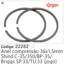16 Código 22282 Anel compressao 36x1,5mm Shind.C-35/350/BP-35/ Briggs SP.33/TU.33 (jogo) ARGON