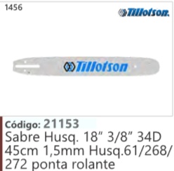 1456 Código 21153 Sabre Husqvarna 18" 3/8" 34D 45cm 1,5mm Husqvarna 61/268/ 272 ponta rolante TILLOTSON