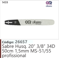 1459 Código 26657 Sabre Husqvarna 20" 3/8" 34D 50cm 1,5mm MS-51/55 profissional ALFAEME
