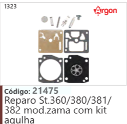 1323 Código 21475 Reparo Stihl 360/380/381/ 382 mod.zama com kit agulha ARGON