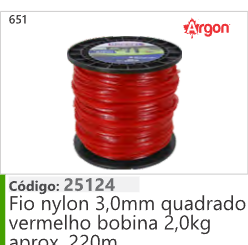 651 Código 25124 Fio nylon 3,0mm quadrado vermelho bobina 2,0kg aprox. 220m ARGON