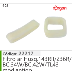 603 Código 22217 Filtro ar Husqvarna 143RII/236R/ BC.34W/BC.42W/TL43 modelo antigo ARGON