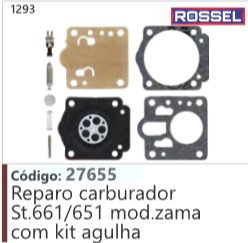 1293 Código 27655 Reparo carburador Stihl 661/651 mod.zama com kit agulha ROSSEL