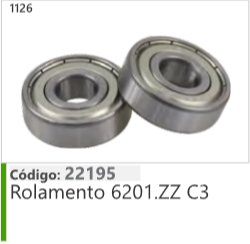 1126 Código 22195 Rolamento 6201.ZZ C3