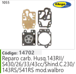 1055 Código 14702 Reparo carburador Husqvarna 143RII/S430/26/33/43cc/Shind.C.230/ 143RS/541RS mod.walbro