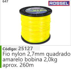647 Código 25127 Fio nylon 2,7mm quadrado amarelo bobina 2,0kg aprox. 260m ROSSEL