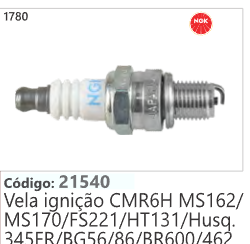 1780 Código 21540 Vela ignição CMR6H MS162/ MS1 70/FS221/HT131/Husqvarna 345FR/BG56/86/BR600/462
