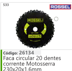 533 Código 26134 Faca circular 20 dentes corrente Motosserra 230x20x1,6mm ROSSEL