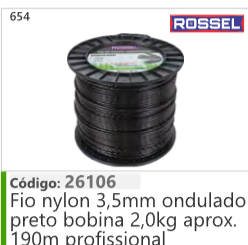 654 Código 26106 Fio nylon 3,5mm ondulado preto bobina 2,0kg aprox. 190m profissional ROSSEL