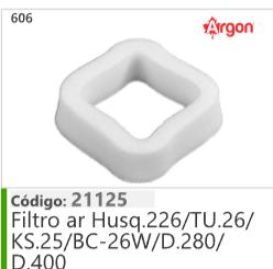 606 Código 21125 Filtro ar Husqvarna 226/TU.26/ KS.25/BC-26W/D.280/ D400 ARGON