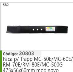 582 Código 20803 Faca p/ Trapp MC-50E/MC-60E/ RM-70E/RM-80E/MC-500G A75¢56x60mm mod novo