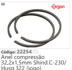 8 Código 22254 Anel compressão 32,2x1,5mm Shind.C-230/ Husqvarna 322 (jogo) ARGON