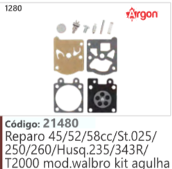 1280 Código 21480 Reparo 45/52/58cc/St.025/ 250/260/Husqvarna 235/343R/ T2000 mod.walbro kit agulha ARGON