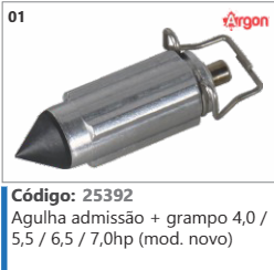 1 Código 25392 Agulha admissão + grampo 4,0 / 5,5 / 6,5 / 7,0hp (mod. novo) ARGON