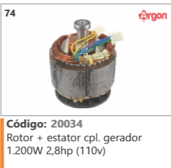 74 Código 20034 Rotor + estator completo gerador 1.200W 2,8hp (110v) ARGON