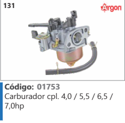 131 Código 01753 Carburador completo 40 / 5,5/6,5/ 7,0hp ARGON