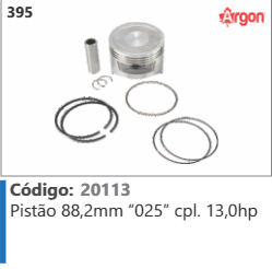 395 Código 20113 Pistão 88,2mm “025” completo 13,0hp ARGON