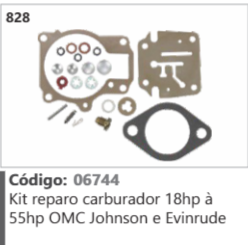 828 Código 06744 3668 ne 0° or) GSN Kit reparo carburador 18hp à 55hp OMC Johnson e Evinrude