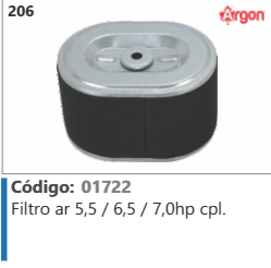 206 Código 01722 Filtro ar 5,5 / 6,5 / 7,0hp completo ARGON