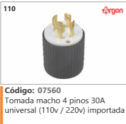 110 Código 07560 Tomada macho 4 pinos 30A universal (110v / 220v) importada ARGON