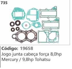 735 Código 19658 Jogo junta cabeça força 8,0hp Mercury / 9,8hp Tohatsu