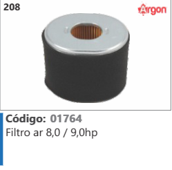 208 Código 01764 Filtro ar 8,0 / 9,0hp ARGON