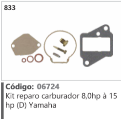 833 Código 06724 Kit reparo carburador 8,0hp à 15 hp (D) Yamaha