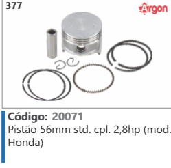377 Código 20071 Pistão 56mm Standard completo 2,8hp (mod Honda) ARGON