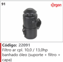 91 Código 22091 Filtro ar completo 10,0 / 13,0hp banhado óleo (suporte + filtro + capa)  ARGON
