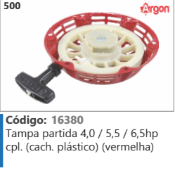 500 Código 16380 Tampa partida 4,0 / 55 / 6,5hp cpl. (cachorrete plástico) (vermelha) ARGON