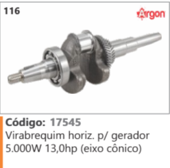 116 Código 17545 Virabrequim horizontal p/ gerador 5.000W 13,0hp (eixo cônico) ARGON