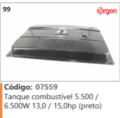 99 Código 07559 Tanque combustível 5.500 / 6.500W 13,0 / 15,0hp (preto) ARGON