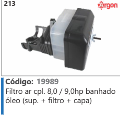 213 Código 19989 Filtro ar completo 8,0 / 9,0hp banhado óleo (suporte + filtro + capa) ARGON