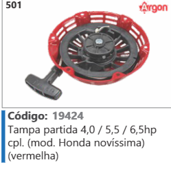 501 Código 19424 Tampa partida 4,0 / 5,5 / 6,5hp completa (mod. Honda novíssima) (vermelha) ARGON