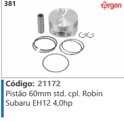 381 Código 21172 Pistão 60mm Standard completo Robin Subaru EH12 4,0hp ARGON