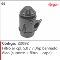 95 Código 22092 Filtro ar completo 5,0 / 7,0hp banhado óleo (suporte + filtro + capa) ARGON