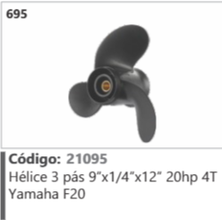 695 Código 21095 Hélice 3 pás 9ºx1/4"x12" 20hp 4T Yamaha F20
