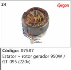 24 Código 07587 Estator + rotor gerador 950W / GT-095 (220) ARGON