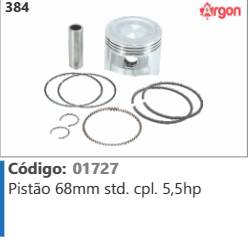384 Código 01727 Pistão 68mm Standard completo 5,5hp