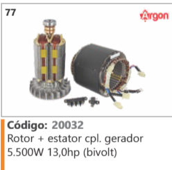 77 Código 20032 Rotor + estator completo gerador 5.500W 13,0hp (bivolt) ARGON