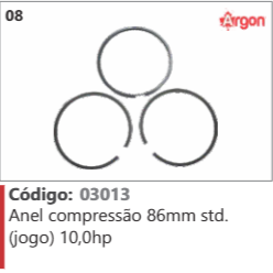 8 Código 03013 Anel compressão 86mm Satndard Gogo) 10,0hp ARGON