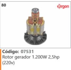 80 Código 07531 Rotor gerador 1.200W 2,5hp (220v) ARGON
